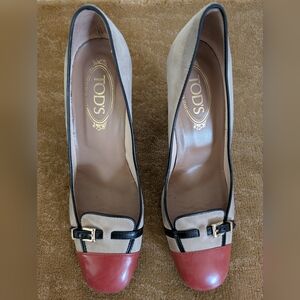 TOD'S 3 toned Suede Leather Belt Buckle Loafer Wooden Heels 40/10